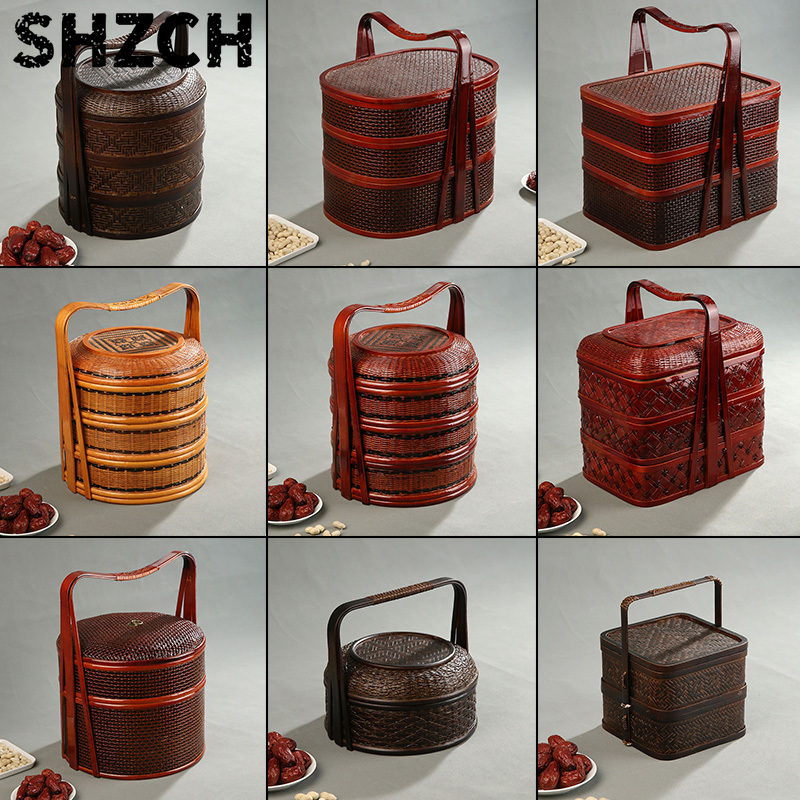 Food Snacks Hamper - Bamboo Picnic Basket with Lid Multi-Layer