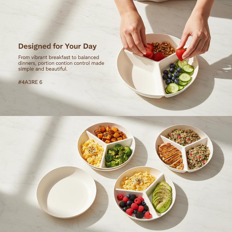 Food Platter Snacks - 3 Compartments Grid-shaped Dinner Plate Round